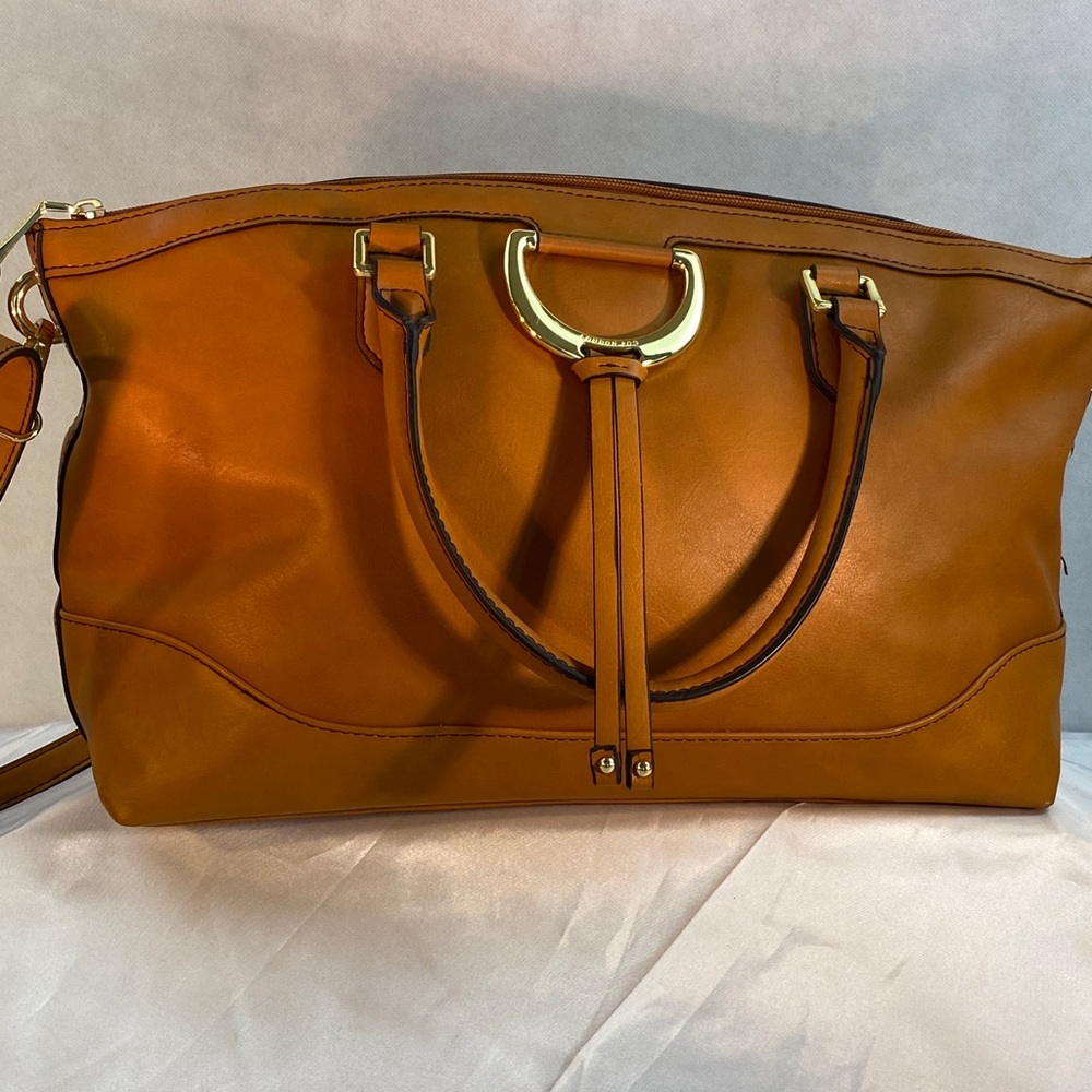 Large London Fog Cognac Brown Satchel with Gold Hardware